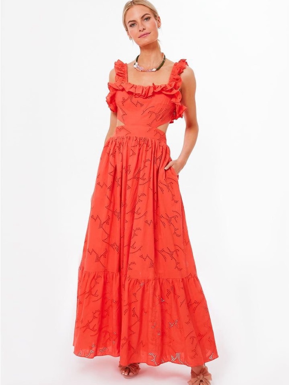 Charina Sarte Orange Naranja Cut Out Maxi Dress Size XS Embroidered Eyelet Cotto